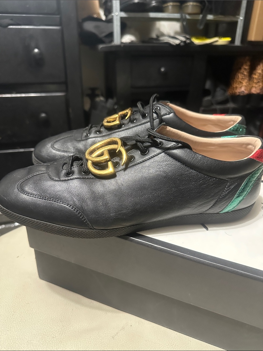Gucci Black Leather Sneakers with Gold Double G and Red/Green Heel Tabs 13 - Picture 6 of 6
